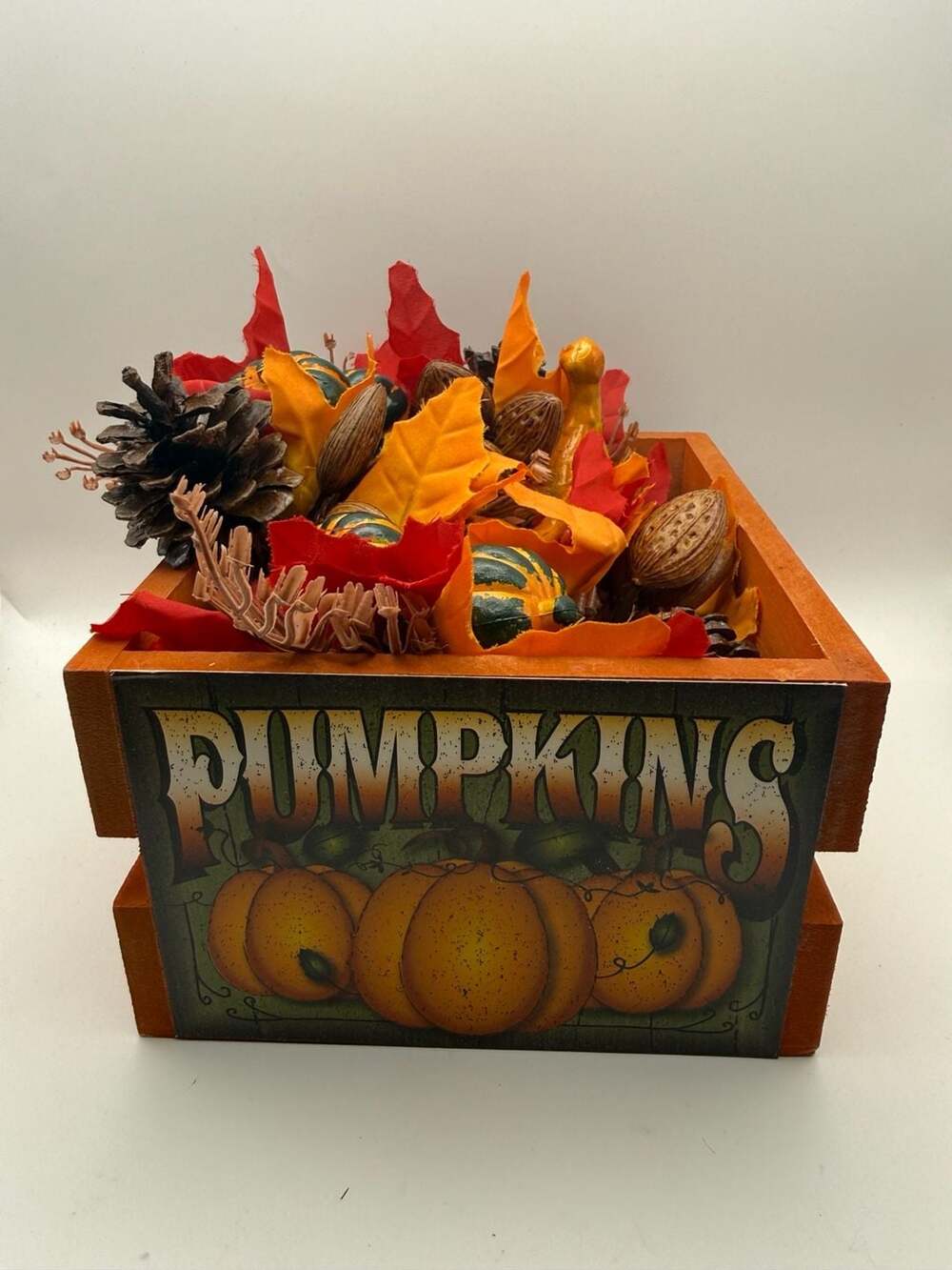 Fall Thanksgiving Pumpkin Wood Crate Floral Centerpiece Decor